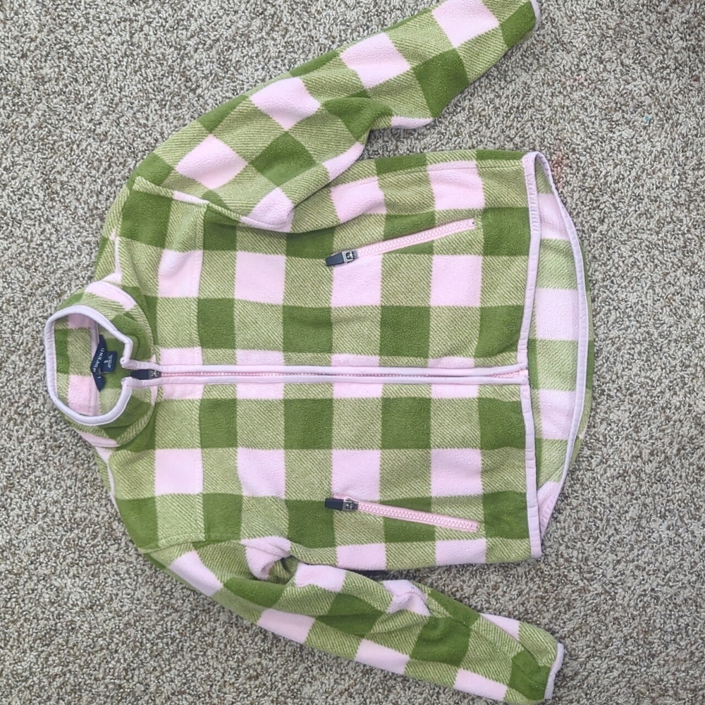 3/$30 Lands' End full zip fleece jacket pink and green plaid  size 4 (S)